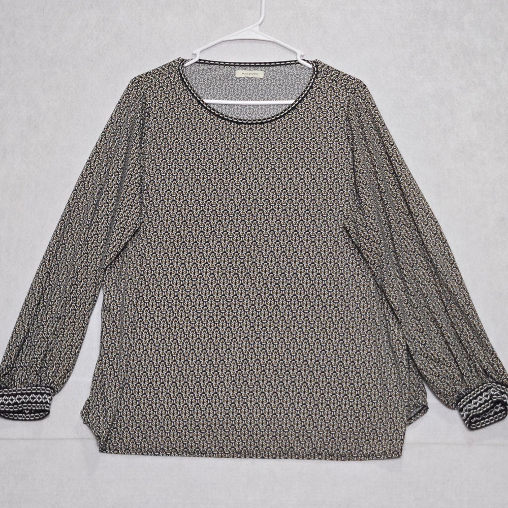 MAX STUDIO Geometric Print Long Sleeve Blouse Top Women Black Tan White Size XL